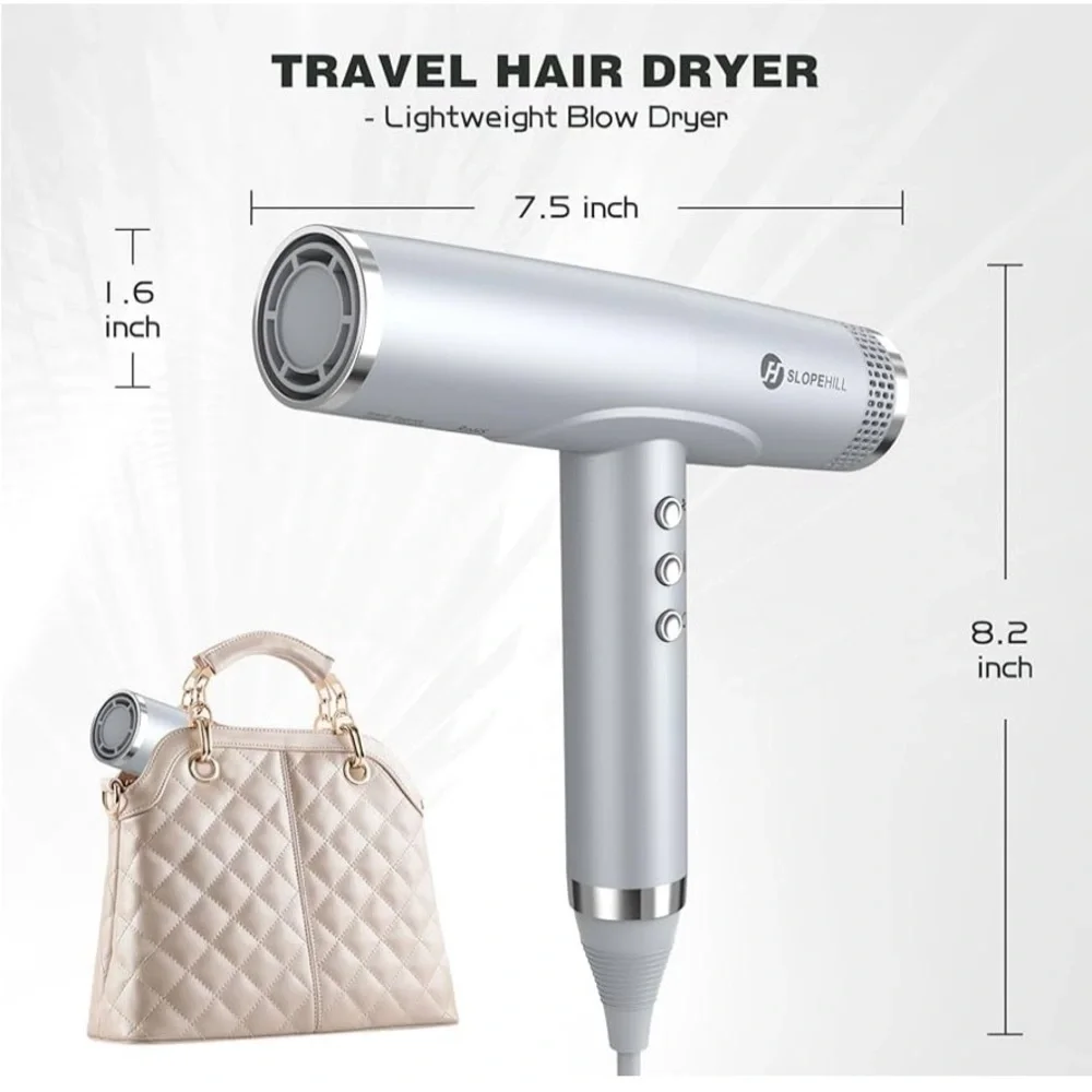 Silver Compact Low Noise 2000W Travel Hair Dryer with attachments #HB4